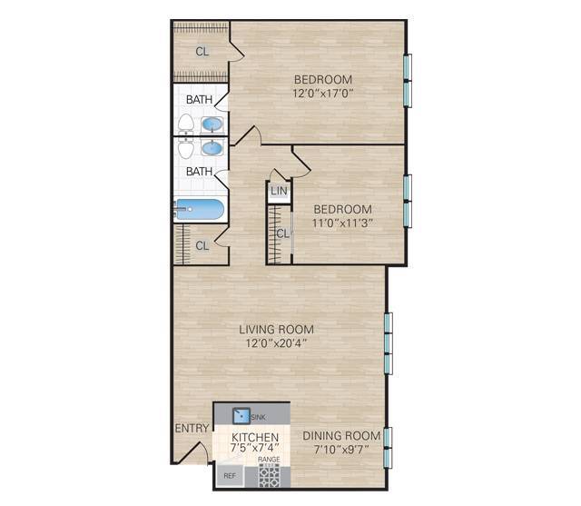 2 Bedroom, 2 Bath. 900 Sq. Ft. - 2 Bedroom, 1.5 Bath Medium