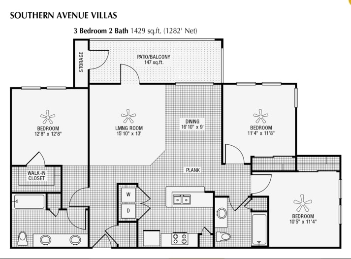 Floor Plan - 3 Bed 2 Bath 1429 SqFt (1282 Net)