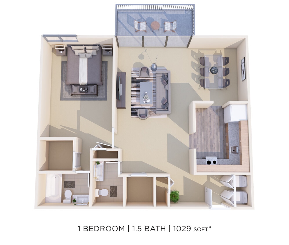 Floor Plan - One Bedroom 1.5 Bath - 1,029 sqft