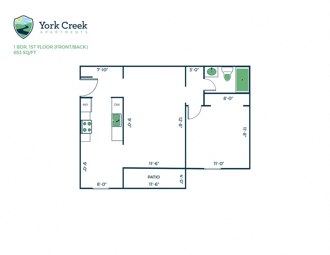 Floor Plan - 1 Bed, 1 Bath - 653 sq ft
