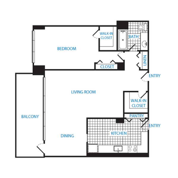 Floor Plan - 1 Bedroom, 1 Bath 966 SF A13
