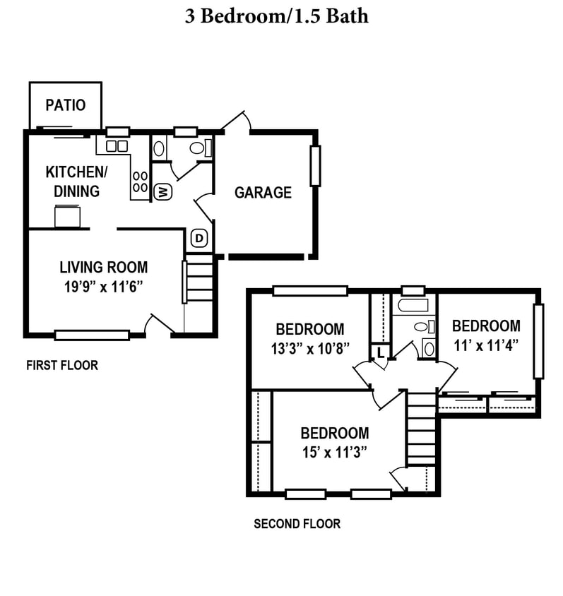 Floor Plan - 3 Bedroom, 1.5 Bath Duplex with Garage 1,200SqFt