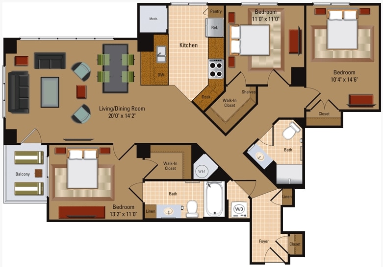 Floor Plan - 3 Bedroom, 2 Bath - C1
