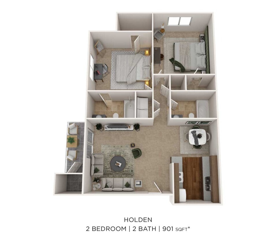 Floor Plan - Two Bedroom 2 Bath - 901 sqft