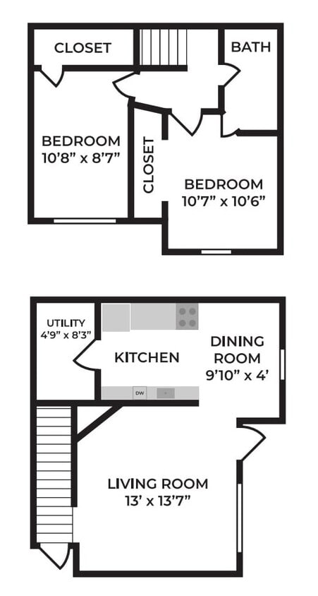Floor Plan - 2 Bed, 1 Bath Townhome