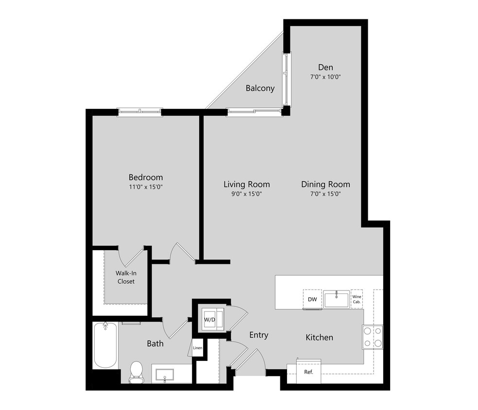 Floor Plan - 1 Bed 1 Bath Flat + Den D