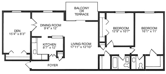 2BR/1.5BA w/ Den - 2 Bedroom + Den