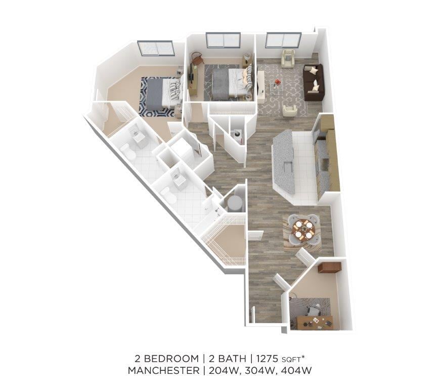 Floor Plan - Two Bedroom 2 Bath w/ Den- 1275 sqft