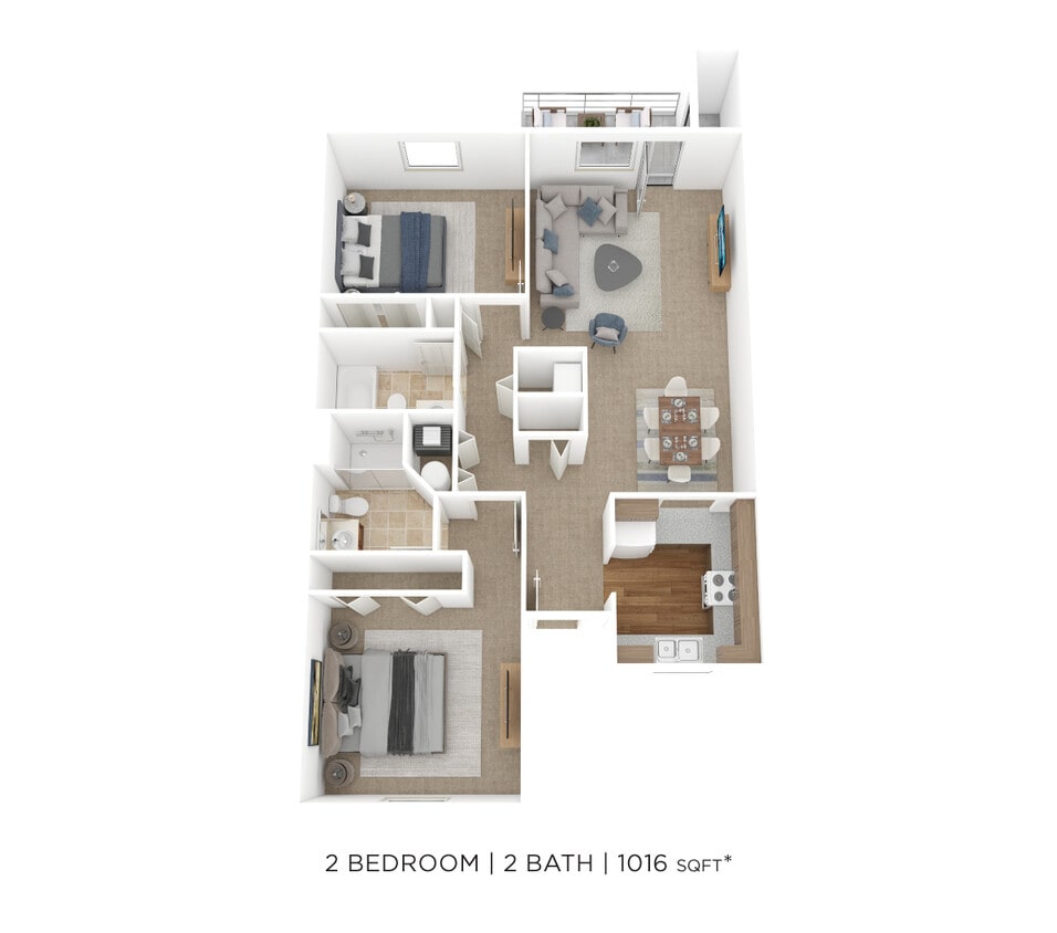 Floor Plan - Two Bedroom 2 Bath- 1016 sqft