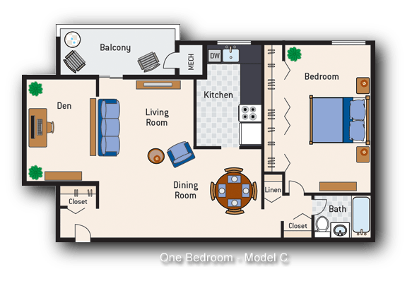 Floor Plan - 1 Bedroom 1 Bath With Den Type C