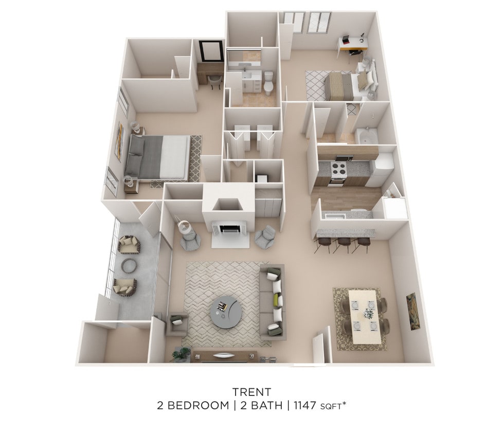 Floor Plan - Two Bedroom 2 Bath - 1,147 sqft