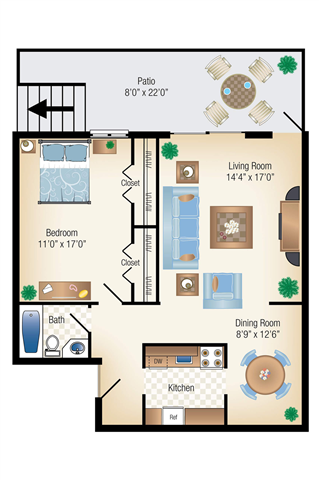Floor Plan - 1Bed 1Bath Garden 778 sf 