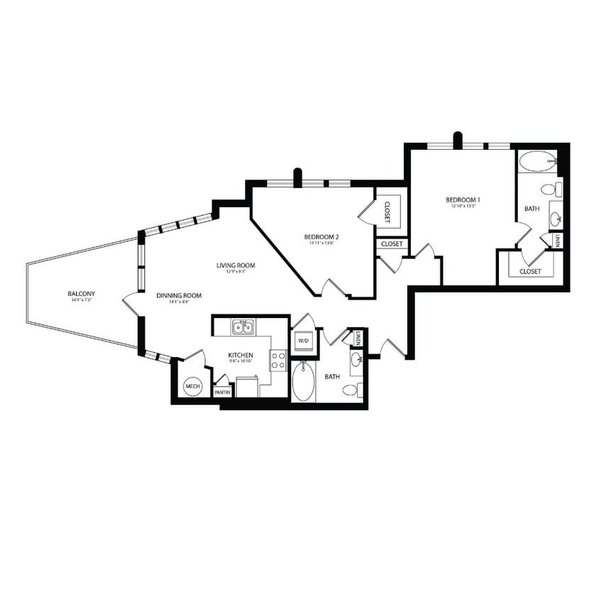Floor Plan - 2 Bedroom, 2 Bath 1130 SF B8
