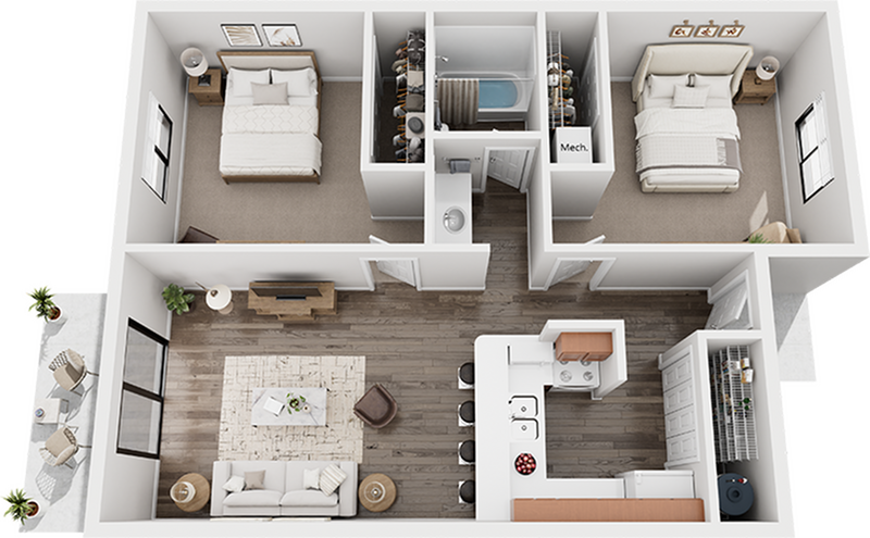 Colonial Village 2x1 Floor Plan - 2 Bedroom x 1 Bath - Standard