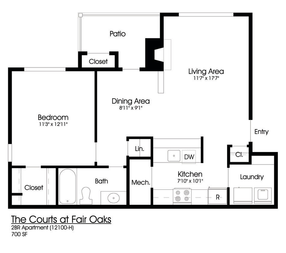Floor Plan - 1BR 1BA (700sf)