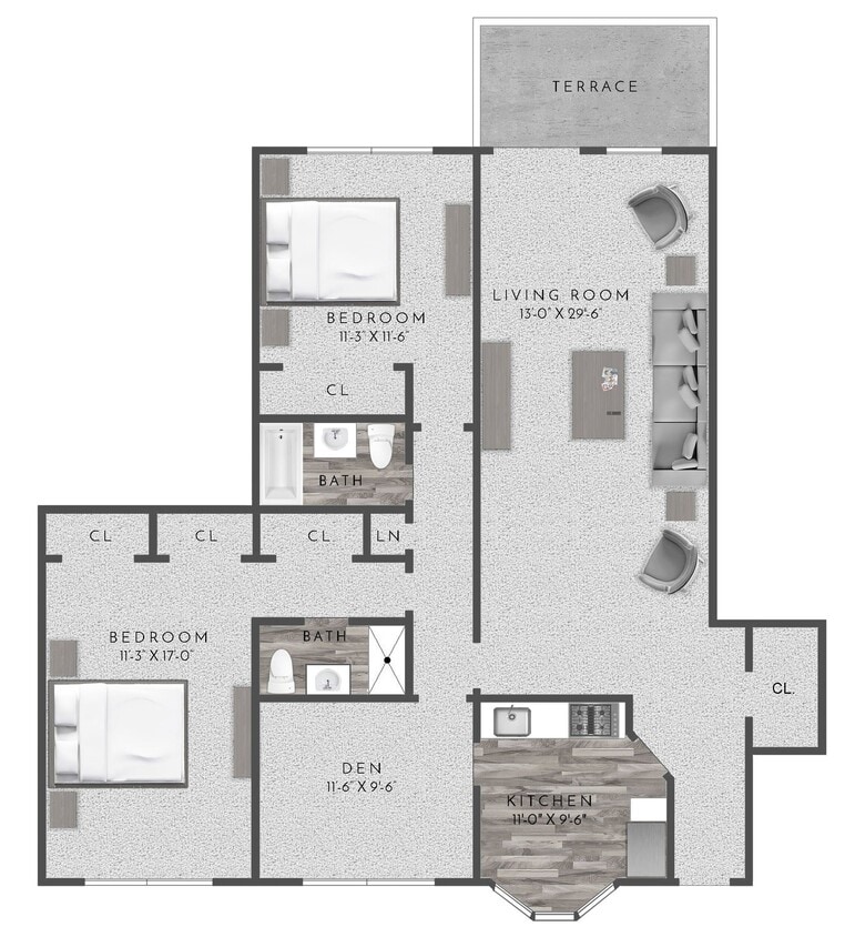 Floor Plan - 2 Bed 2 Bath + Den