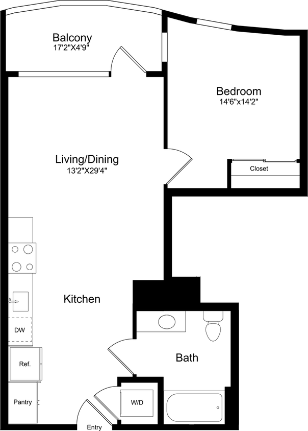Floor Plan - 1B - Curved with Balcony