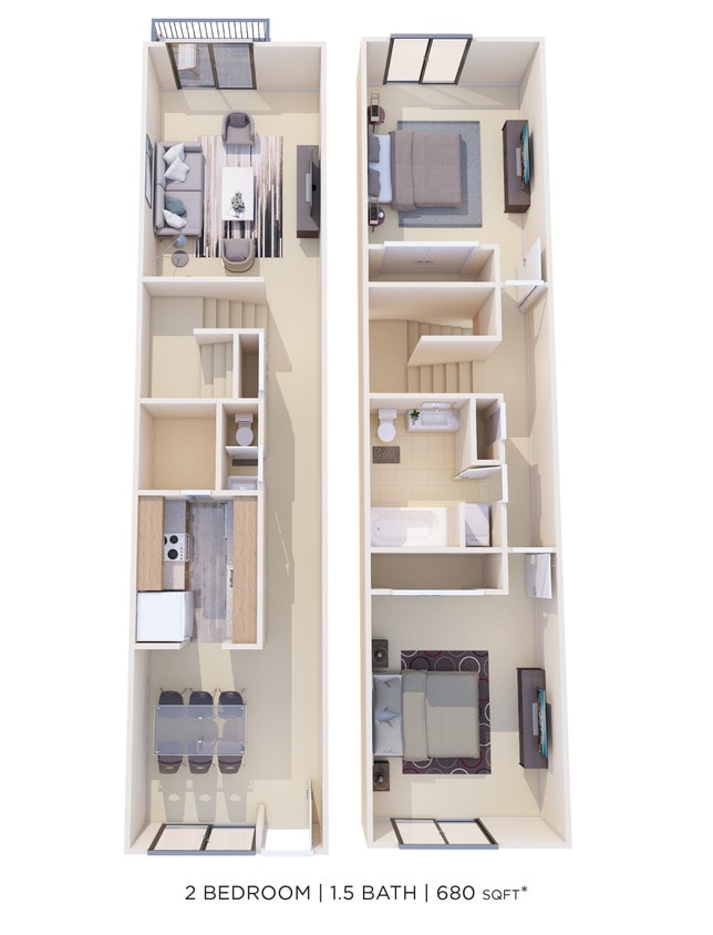 Floor Plan - Two Bedroom 1.5 Bath Townhome - 980 sqft