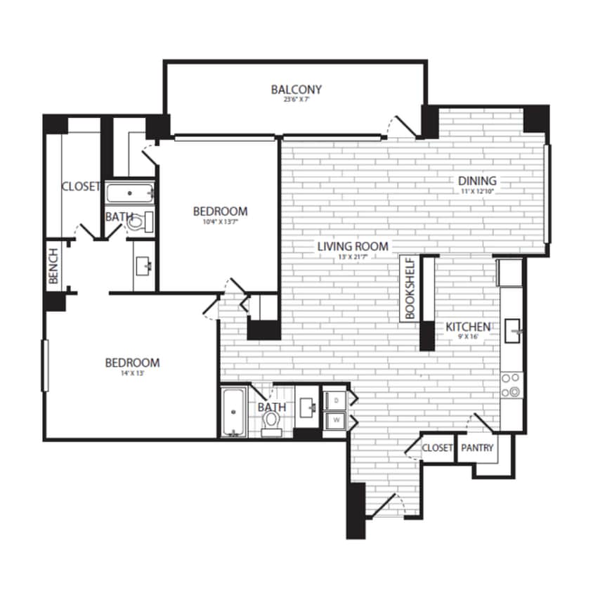 Floor Plan - 2 Bedroom,  2 Bath 1266 SF B17G