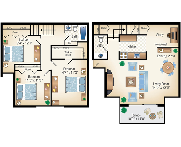 Floor Plan - 3Bed 1.5Bath Townhome 1352 sf