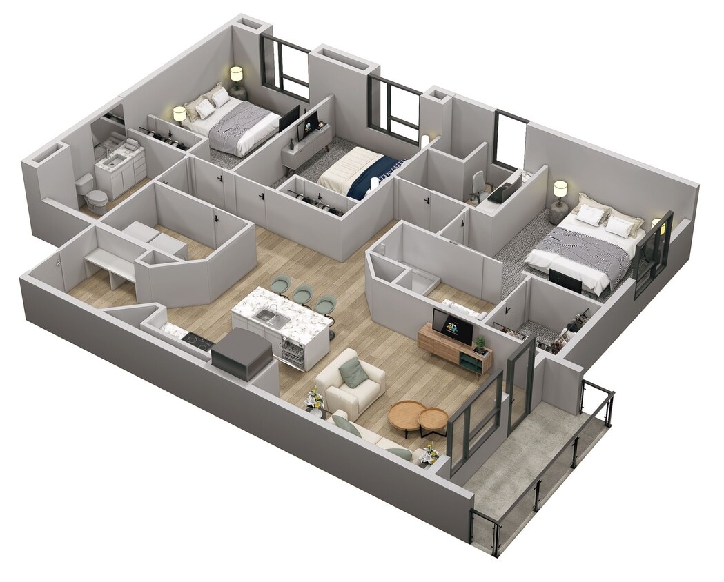 Floor Plan - 3 Bed 2 Bath Apartment (E)