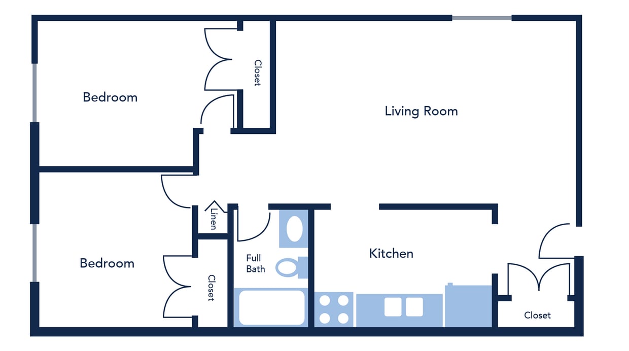 Floor Plan - 2 Bedroom, 1 Bath 730 sq. ft.