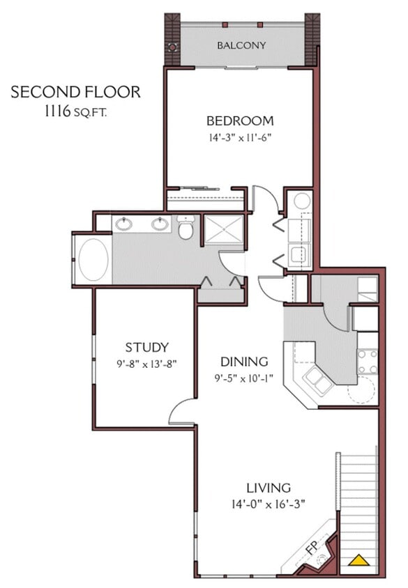 Floor Plan - 1 Bed/1 Bath w/ Den (2nd floor) with Wood Floors