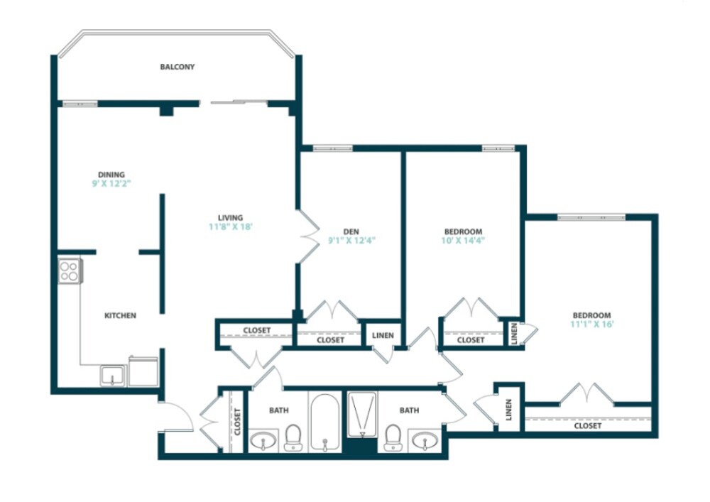 Floor Plan - Two Bed Two Bath with Den
