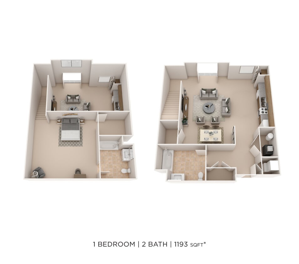Floor Plan - One Bedroom 2 Bath- 1193 sqft