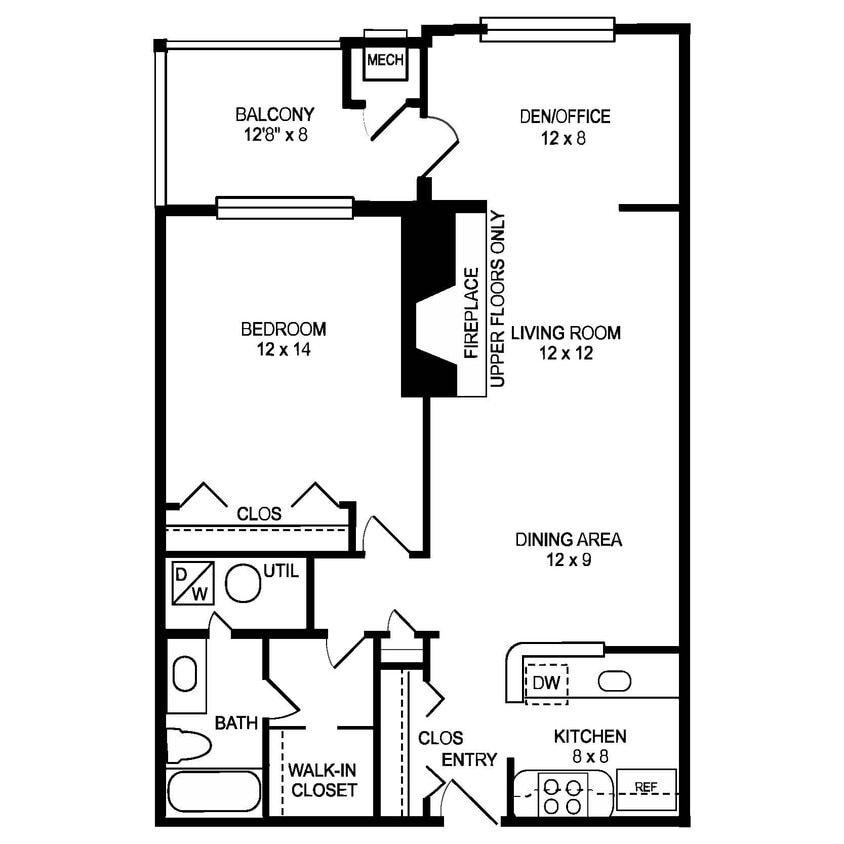 Floor Plan - 1 Bed + Sunroom, 1 Bath 874 SF, 11c