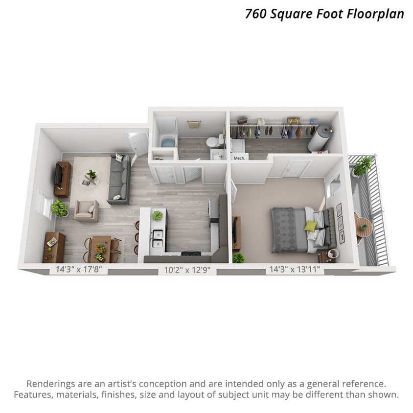 Floor Plan - 1 Bedroom Second Level - 760sf