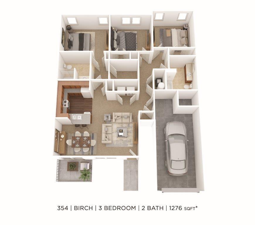 Floor Plan - Three Bedroom 2 Bath- 1,276 sqft