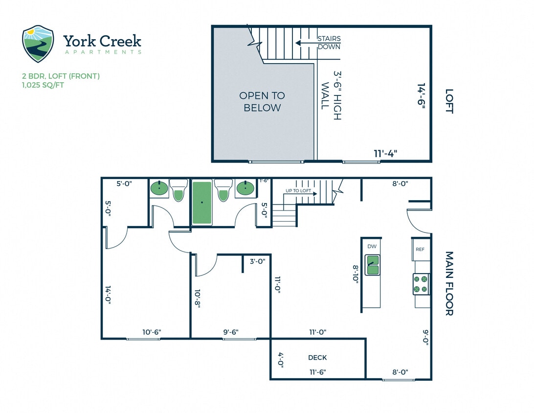 Floor Plan - 2 Bed, 1.5 Bath Loft - 1,025 sq ft