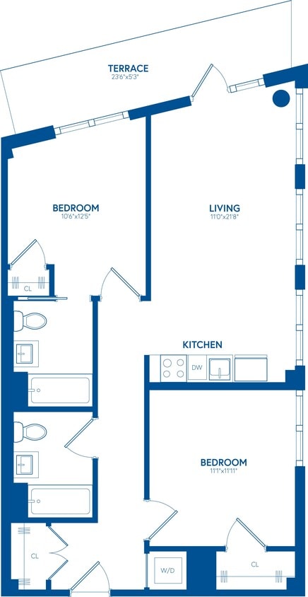 Floor Plan - 2 Bedroom, 2 Bath, Terrace - PH210