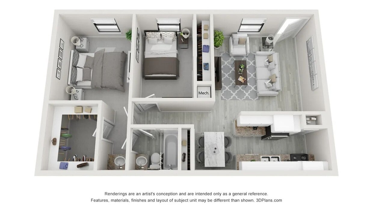 A 3D floor plan rendering of The Bismarck. - The Bismarck