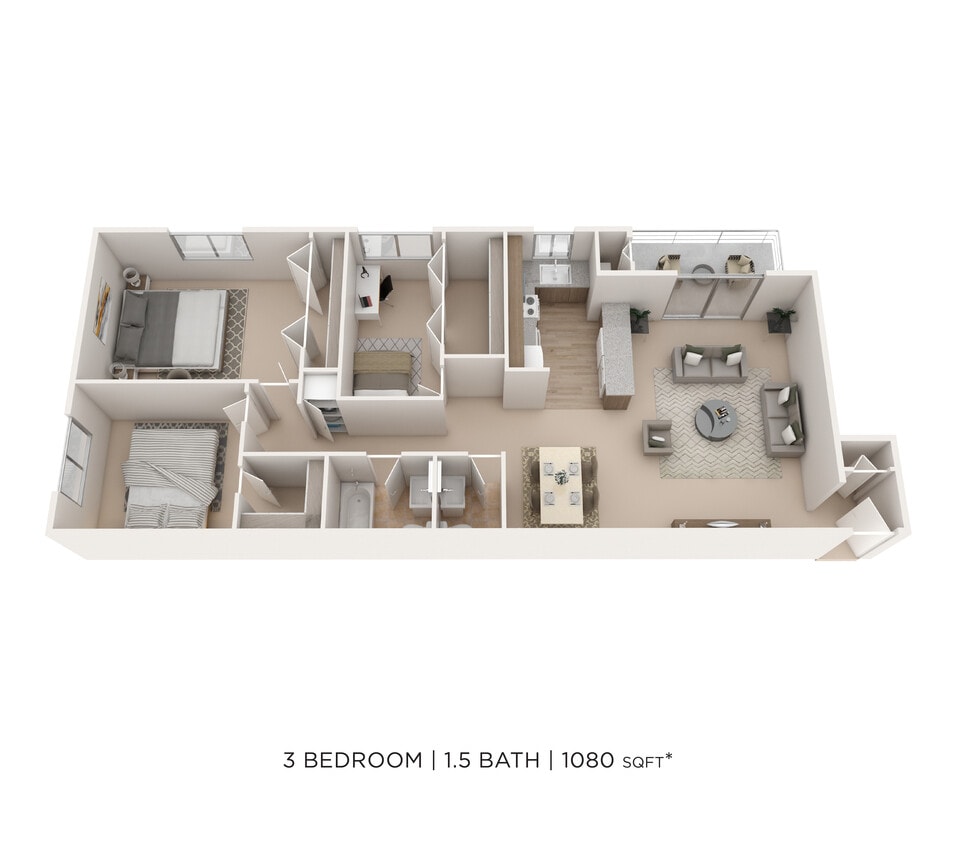 Floor Plan - Three Bedroom 1.5 Bath - 1,080 sqft