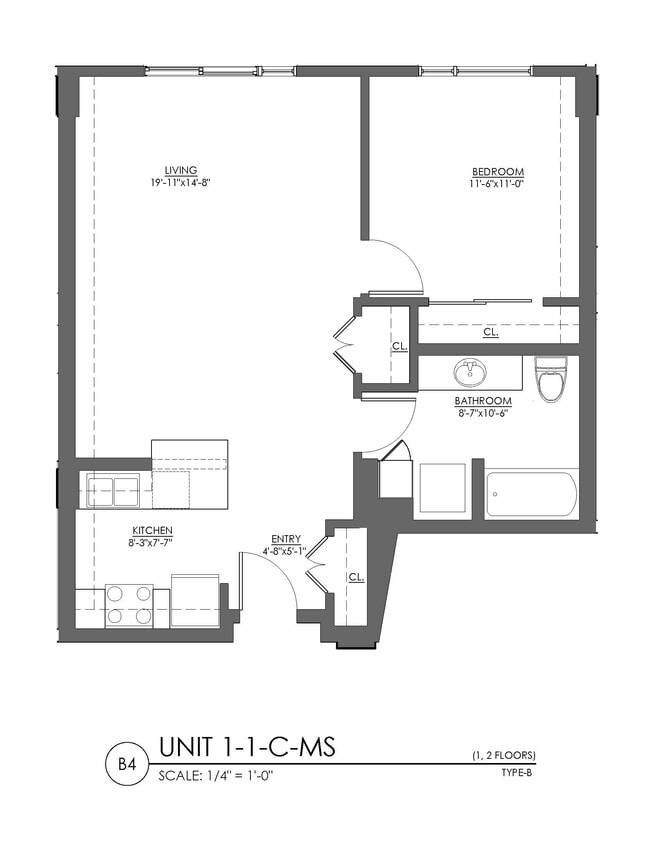 Floor Plan - 1 Bed 1 Bath - 736 sqft