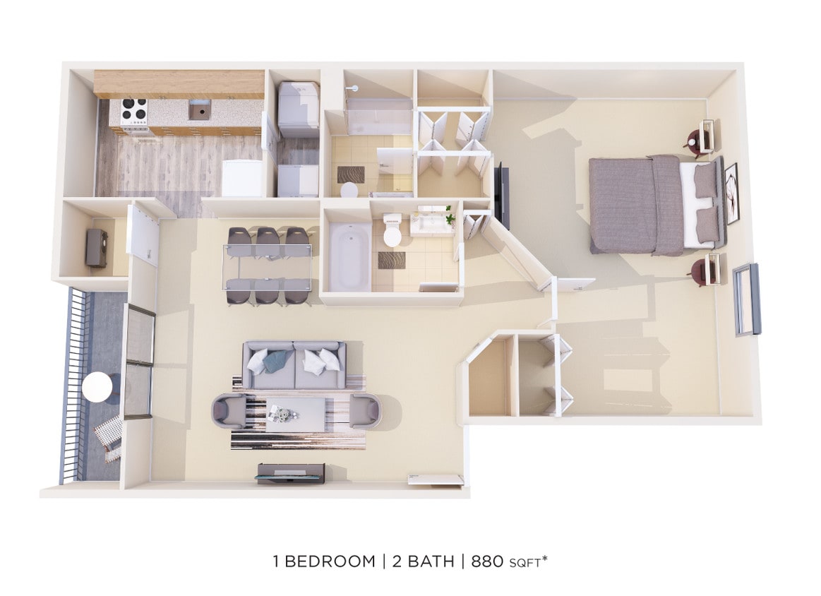 Floor Plan - One Bedroom 2 Bath - 880 sqft
