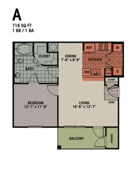 A - 1 Bedroom, 1 Bath 716 sqft A