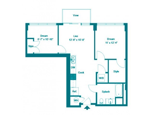 Oxford Floorplan - Two Bedroom One Bath (802 SF)