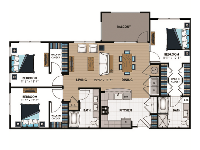 C2 Floorplan - 3 Bed, 2 Bath (80% Income Restricted)