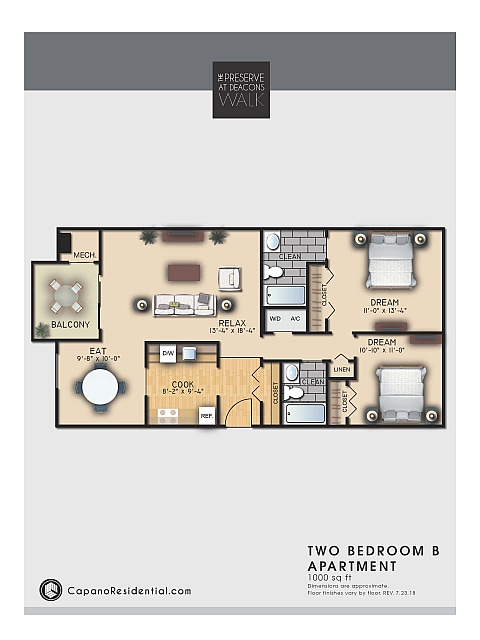 DW 2 bd B 1000 SF - 2B
