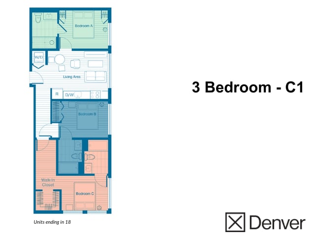 3 Bedroom Layout: C1, units ending in 18 - 3 Bedroom - C1 Layout