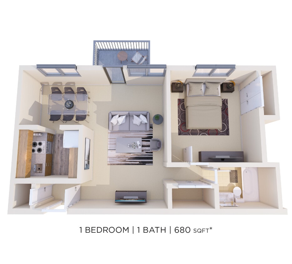 Floor Plan - 1 Bed 1 Bath - 680 sqft