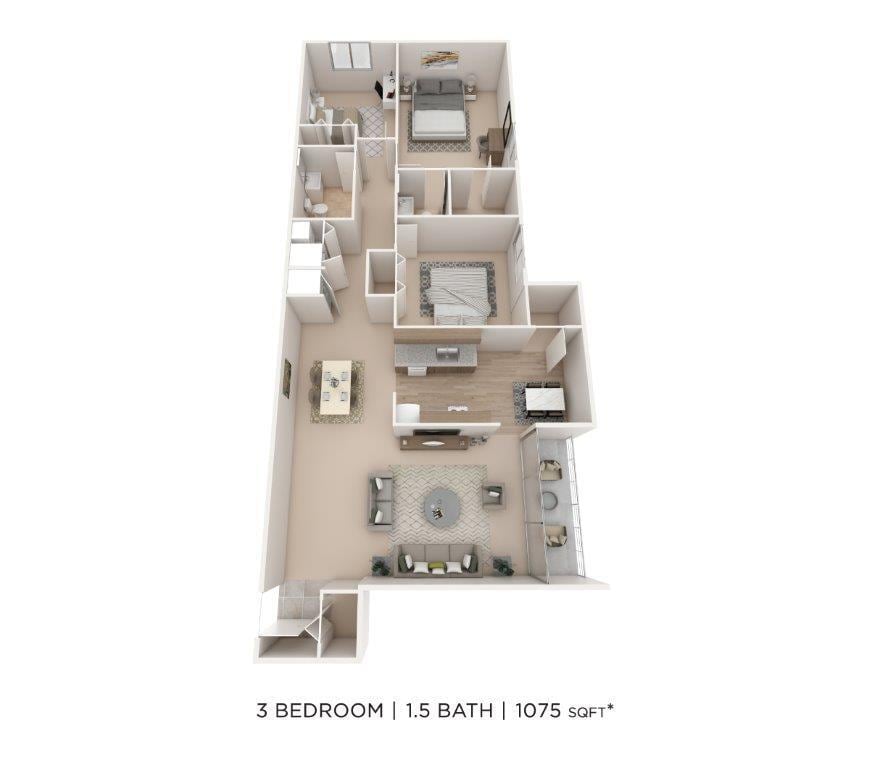 Floor Plan - Three Bedroom 1.5 Bath - 1,075 sqft