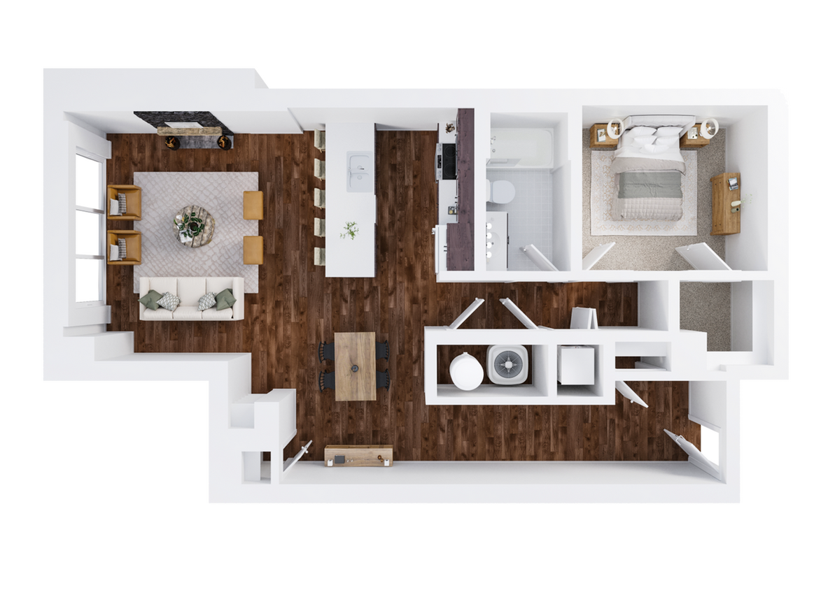 One-Bedroom, One-Bathroom Floor Plan Rendering - 1x1