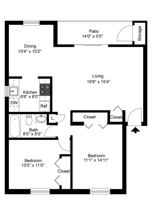 Floor Plan - 2 Bedroom, 1 Bath - North
