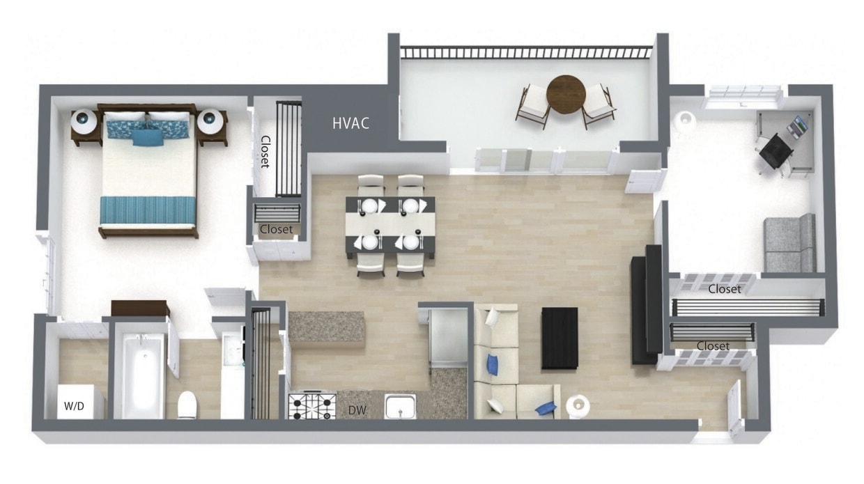 Floor Plan - D: 1 Bedroom  1 Bath  Study