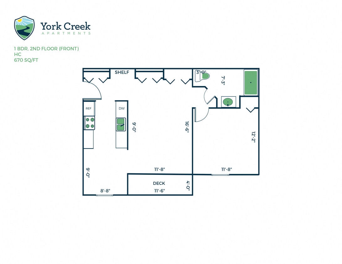 Floor Plan - 1 Bed, 1 Bath - 670 sq ft