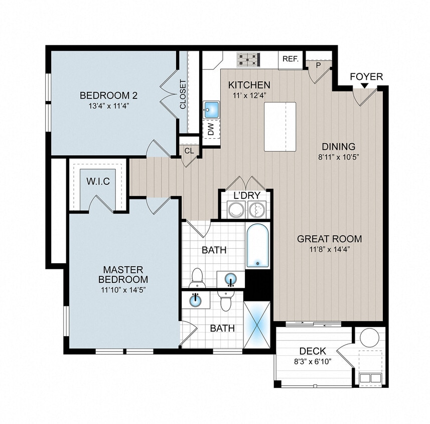 Explore this thoughtfully designed floor plan, perfect for modern living. - 2 Bedroom 2 Bathroom L Elevator